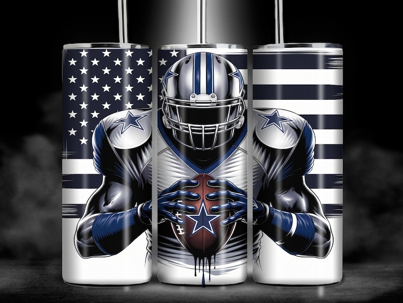 May include: A white tumbler with a design of an American football player wearing a blue and white jersey with a star on the chest. The player is holding a football and is standing in front of an American flag background.