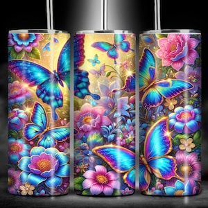 Butterfly and Floral 20 oz Skinny Tumbler Sublimation Design PNG, Vibrant Colorful Tumbler Wrap, Straight Tumbler Digital Download