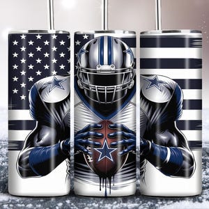 May include: A white tumbler with a design of a football player wearing a blue and white jersey and helmet. The player is holding a football and is standing in front of an American flag.