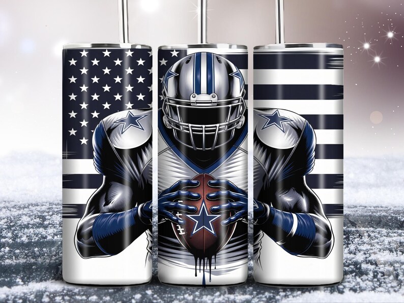 May include: A white tumbler with a design of a football player wearing a blue and white jersey and helmet. The player is holding a football and is standing in front of an American flag.