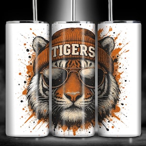 Cool Tiger Tumbler Wrap 20 oz Skinny Sublimation Design PNG, Hipster Tiger Beanie Sunglasses Straight Tumbler Digital Download