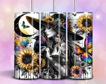 Witchy Raven Tumbler Wrap: Celestial Tattooed Woman PNG (20 oz Skinny Sublimation Design)