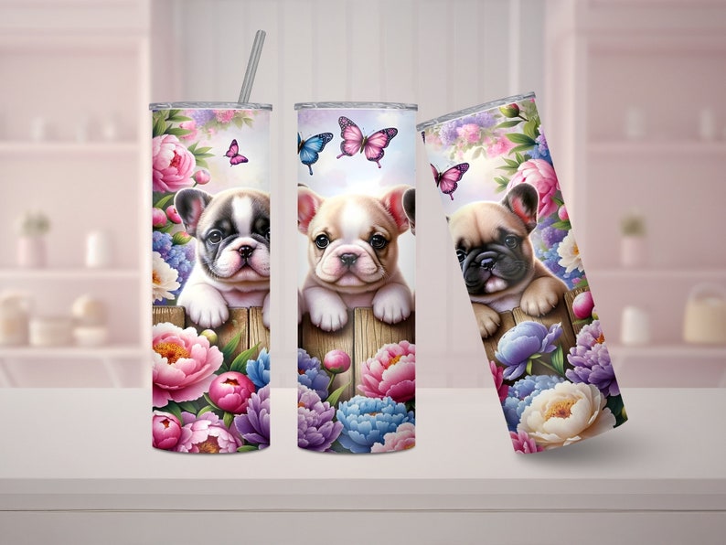 Dogs and Floral Frenchie Tumbler Wrap, 20 Oz Skinny Tumbler Sublimation ...