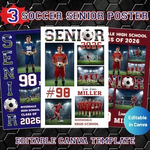 May include: Three soccer senior poster templates featuring a white, blue, and maroon color scheme. Each design includes multiple photo slots, the text "SENIOR 2026", "RIVERDALE HIGH SCHOOL", "#98", "Liam James MILLER", and soccer ball graphics.