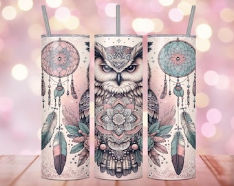Boho Owl Dreamcatcher 20oz Tumbler Wrap: Mandala Sublimation Design (PNG Digital Download)