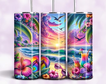 Summer Beach Tumbler Design: Sunset, Flip Flops (PNG Digital Download)