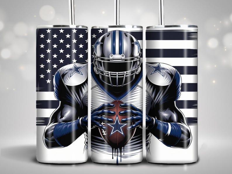 May include: A white tumbler with a design of a football player wearing a blue and white jersey and helmet, holding a football. The background is an American flag with red, white, and blue stripes.
