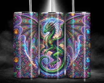 Majestic Green Dragon Tumbler Wrap PNG: Psychedelic Mandala 20oz Skinny Tumbler Sublimation Design (Digital Download)