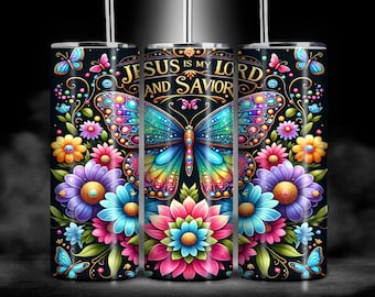Jesus is My Lord Butterfly 20 oz Skinny Tumbler Sublimation PNG, Christian Floral Tumbler Wrap, Faith Inspired Colorful Digital Design