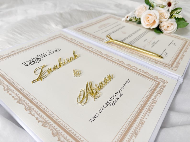 Lyxigt Nikkah-certifikat, personligt Nikkah-kontrakt, islamiskt bröllopskontrakt, Nikkah Nama, muslimskt vigselbevis, islamiskt bröllop bild 3