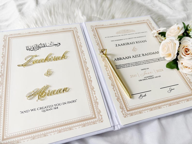 Lyxigt Nikkah-certifikat, personligt Nikkah-kontrakt, islamiskt bröllopskontrakt, Nikkah Nama, muslimskt vigselbevis, islamiskt bröllop bild 4
