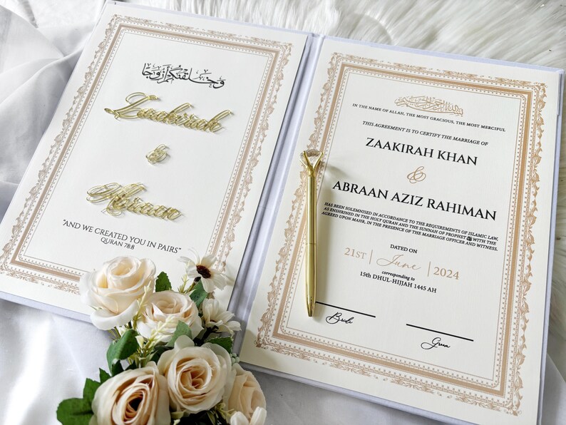 Lyxigt Nikkah-certifikat, personligt Nikkah-kontrakt, islamiskt bröllopskontrakt, Nikkah Nama, muslimskt vigselbevis, islamiskt bröllop bild 6