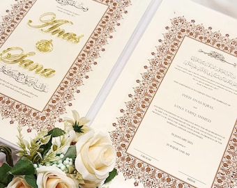 Lyxigt Nikkah-certifikat, personligt Nikkah-kontrakt, islamiskt bröllopskontrakt, Nikkah Nama, muslimskt vigselbevis, islamiskt bröllop