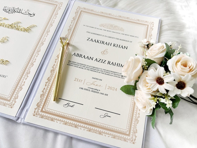 Lyxigt Nikkah-certifikat, personligt Nikkah-kontrakt, islamiskt bröllopskontrakt, Nikkah Nama, muslimskt vigselbevis, islamiskt bröllop bild 5