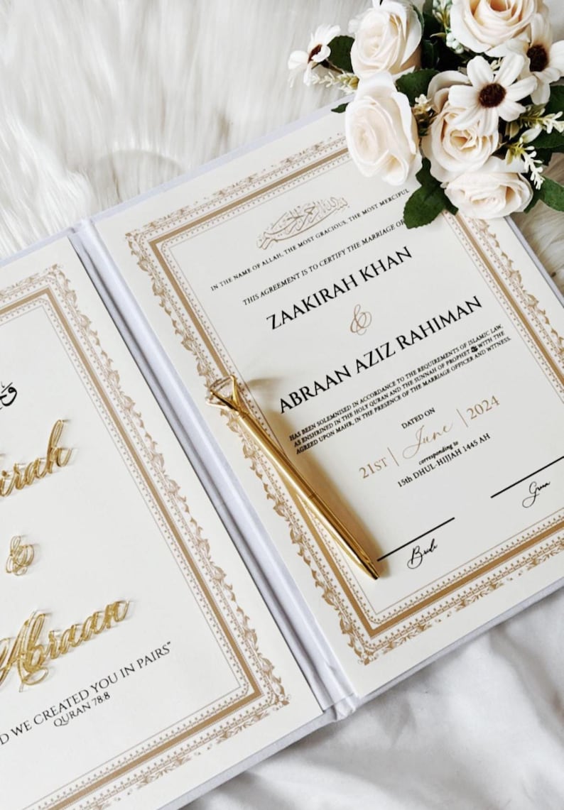 Lyxigt Nikkah-certifikat, personligt Nikkah-kontrakt, islamiskt bröllopskontrakt, Nikkah Nama, muslimskt vigselbevis, islamiskt bröllop bild 2