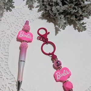 Barbie Pen and Keychain Set - Cute Pink Glitter Pen & Beaded Charm Keyring - Gift for Girls, Teens, Barbie Lovers