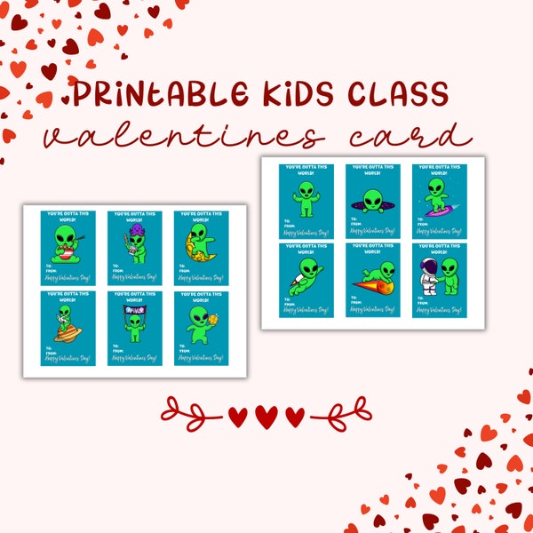 Kids Printable Valentines Class Card, Printable Alien Printable boys Valentines Day Card, Valentines Day Class Card for Preschoolers