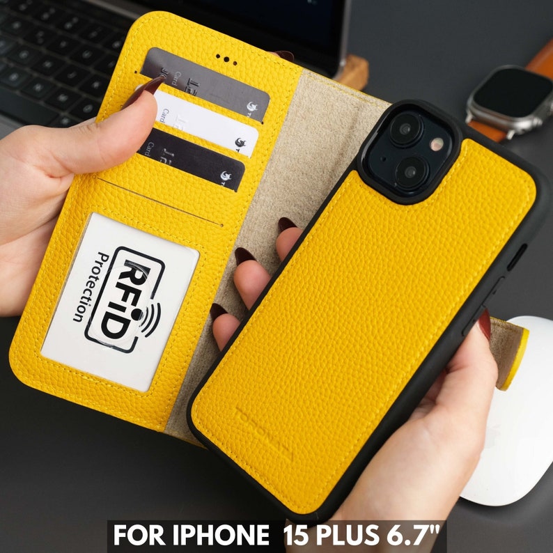 Personalized Leather iPhone 15 Plus Wallet Case With RFID Blocking , Yellow Color, Compatible