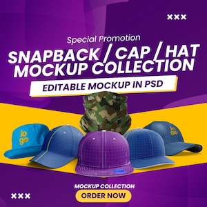 May include: A collection of five different hats, including a purple, blue, and blue and white baseball cap, a blue bucket hat, and a camouflage bandana. The hats are arranged on a yellow surface with a purple background. The text "SNAPBACK/CAP/HAT MOCKUP COLLECTION" is displayed in white letters on a purple background. The text "EDITABLE MOCKUP IN PSD" is displayed in white letters on a yellow background. The text "MOCKUP COLLECTION" is displayed in white letters on a yellow background. The text "ORDER NOW" is displayed in white letters on a blue button.