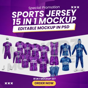 Może przedstawiać: Zestaw makiet 15 różnych sportowych koszulek w różnych kolorach i wzorach. Koszulki są prezentowane na manekinach i obejmują różne style, takie jak krótkie rękawy, długie rękawy i bez rękawów. Tekst "SPORTS JERSEY 15 IN 1 MOCKUP" i "EDITABLE MOCKUP IN PSD" jest wyświetlany u góry obrazu.