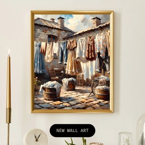 Moody Laundry Oil Painting | Laundry Painting | Vintage Painting | Painting Print Painting Poster Home Decor Gifts