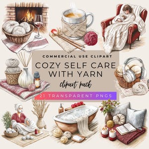 Cozy Self Care with Yarn Clipart Pack, Watercolor Clipart, Coffee Clipart, Digital Download, Cosy Self Care, Instant Download