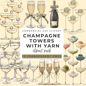 Champagne Towers With Yarn Clipart Pack | Yarn Clipart | Champagne Party Art | Wedding Champagne Tower Card| Celebration Clipart