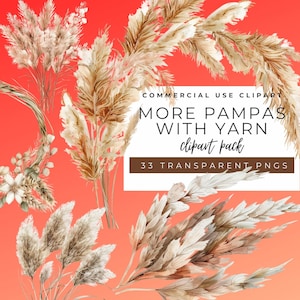 More Pampas With Yarn Clipart Pack | Boho Floral | Watercolor Flower Blooms | Wedding Clipart | Boho Bouquets | Bohemian Floral