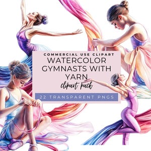 Watercolor Gymnast with Yarn Clipart Pack, Digital Art for Kids, Acrobatics PNG, Sports Illustration, Rhythmic Gymnastics