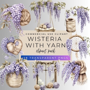 Wisteria with Yarn Clipart Pack, Digital Download, Spring Flower Clip Art, Wisteria Flower Png, Wisteria Floral Clip Art, Wedding Clipart