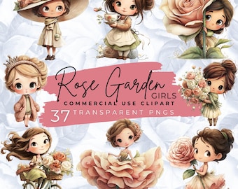 Clipart di ragazze del giardino delle rose: acquerello floreale PNG, arte Cottagecore (download digitale)