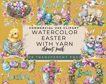 Watercolor Easter Yarn Clipart: Spring PNG Graphics (Digital Download)