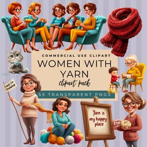 Women with Yarn Clipart Pack, Instant Download, Paper Craft, Gift For Crocheter, Commercial Use, Whimsical Ephemera, Hobby Cartoon Png