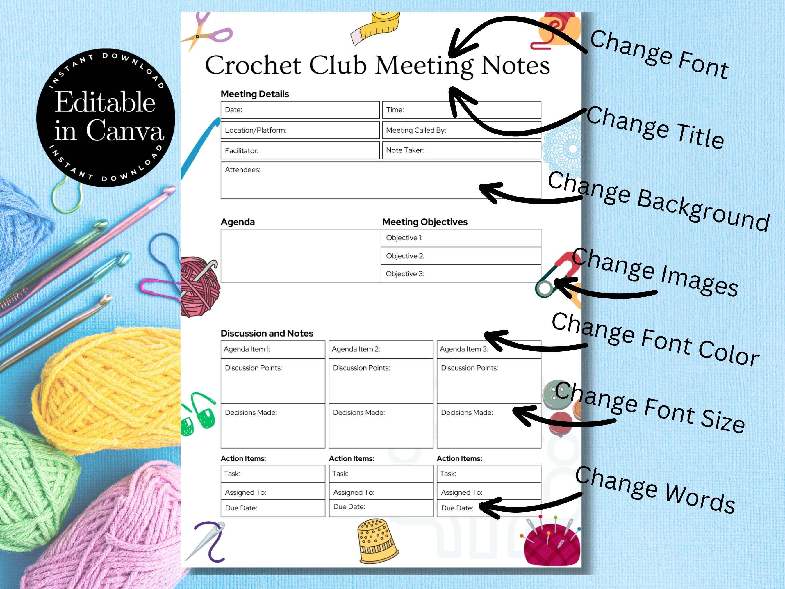 Notes Chart Crochet PRINTABLE + EDITABLE Crochet Club Meeting Notes - Yarn Edition, Note ...