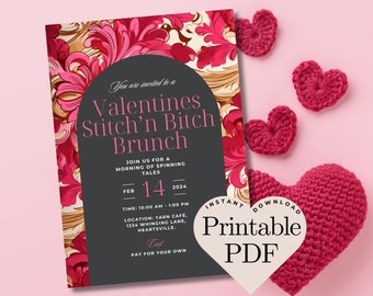 EDITABLE Valentines Day Brunch Invitation, Stitch'n Bitch Lunch Invite, Printable Valentine Party Invitation