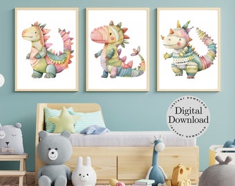 Conjunto de estampados de dinosaurios de hilo: Decoración infantil para habitación infantil (descarga digital)