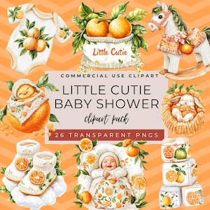 Little Cutie Baby Shower Clipart, Watercolor Citrus PNG, Cute Orange Graphics, Digital Download for Invitations