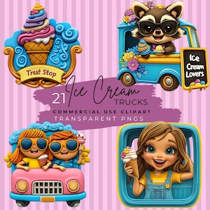 Ice Cream Trucks Clipart, Akwarela Ice Cream Stand, Uroczy Letni Clipart, Urodzinowe Przyjęcie Cyfrowe Do Pobrania, Letnie Przyjęcie Clipart