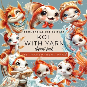Koi Fish With Yarn Clipart Pack Digital Download | Koi Fish Clipart | Koi Fish Clip Art | Asian Fish