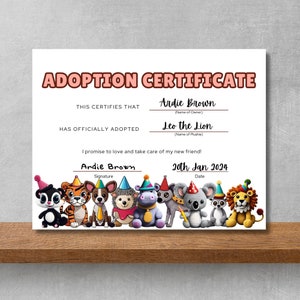 Plush Adoption Certificate: Printable Keepsake Gift (PDF)