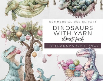 Dinosaurs With Yarn Clipart Pack | Dinosaur Birthday | Kids Dinosaur PNG | T Rex Png | Baby Dinosaur Png | Cute Dinosaur