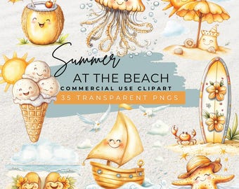 Watercolor Summer Beach Clipart Bundle: Tropical Vacation Graphics (PNG)