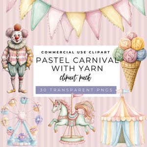 Pastel carnaval met garen clipartpakket, suikerspin clipart, schattige cartoon pastel carnaval clown sticker png, circus aquarel clipart