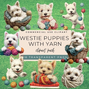 Westie Puppies with Yarn Clipart Pack, West Highland White Terrier, Westie Art, Digital Download, Westie Dog Clipart, Commercial Use