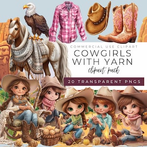 Cowgirls with Yarn Clipart: Western PNG Graphics (Digital Download)