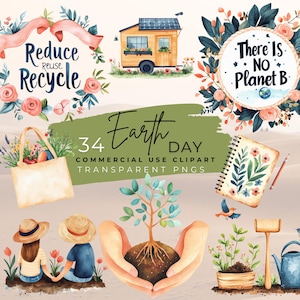 Earth Day Clipart, Eco-Friendly Graphics, Recycle Art, Digital Download, Cute Planet Illustrations, PNG Files