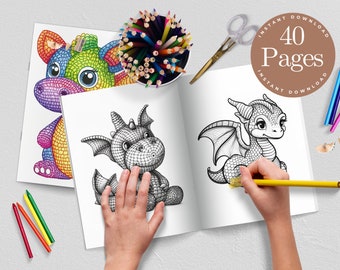 Baby Dragons Coloring Book: 40 Fantasy Grayscale Pages (Printable PDF)