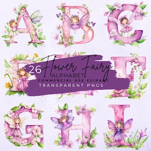 Flower Fairy Alphabet Clipart, Watercolor Fantasy Letters, Digital Download for Kids&#39; Nursery Decor, A-Z PNGs, Whimsical Digital Letters