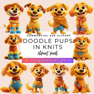 Pack de cliparts Doodle chiots en tricot : 52 images PNG (téléchargement numérique)