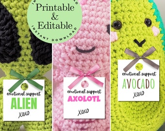 Editable Emotional Support Tags: Alien, Axolotl, Avocado (Digital PDF)
